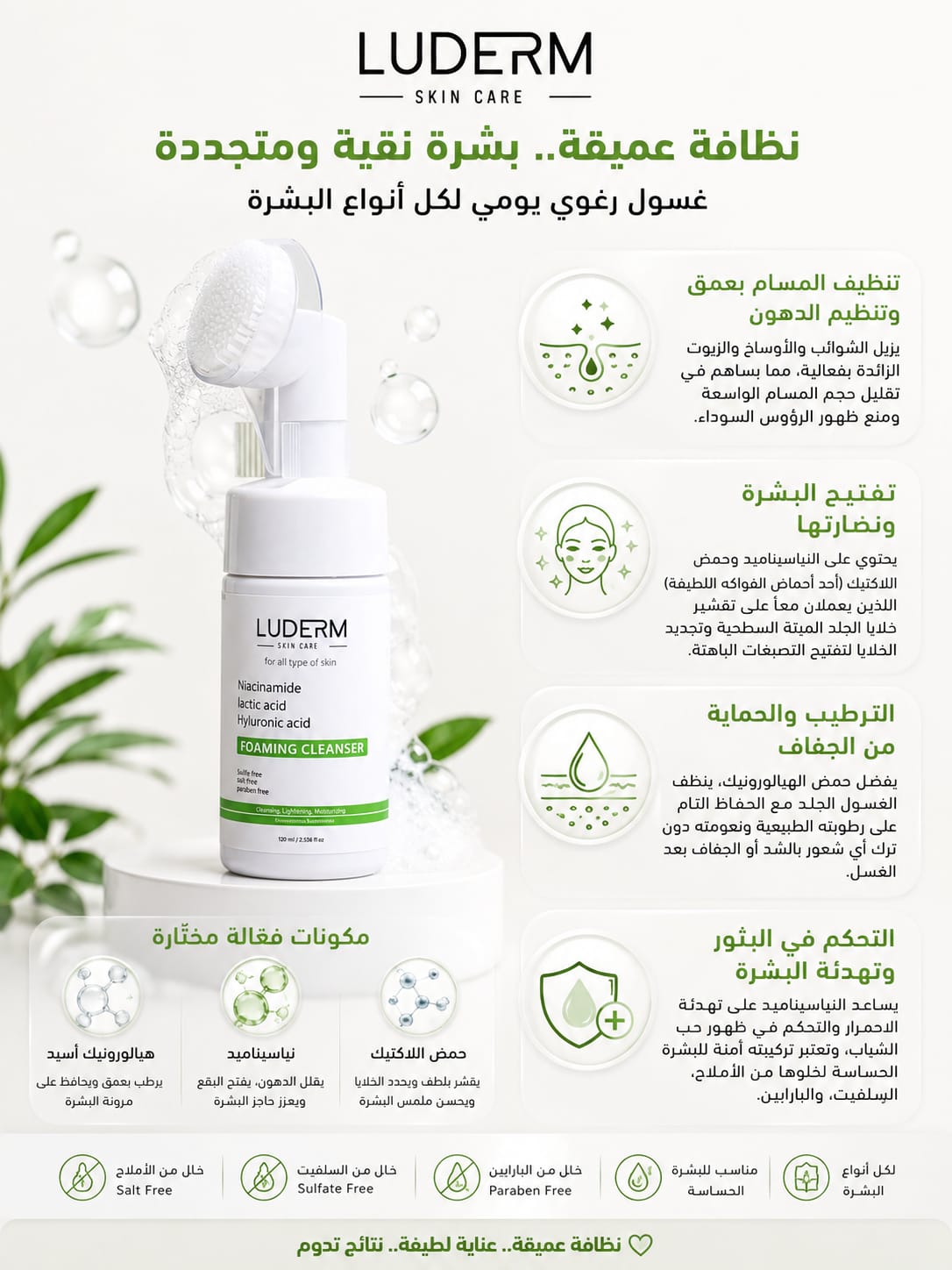 LUDERM Foaming Cleanser with Niacinamide, Lactic & Hyaluronic Acid - All Skin Types - الصورة 2
